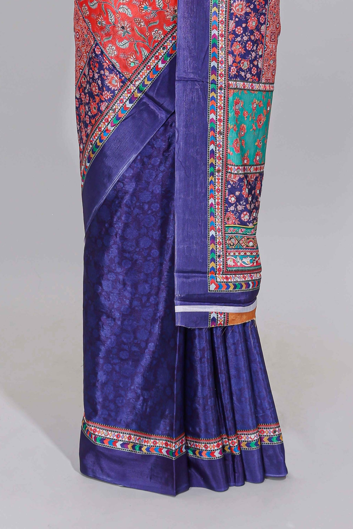 Royal blue floral design mirror work masakali saree with self border and contrast motifs blouse