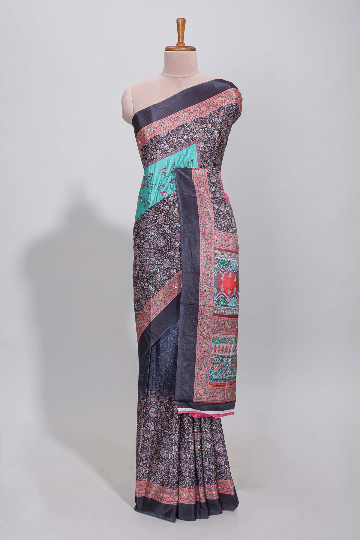 Black floral design mirror work masakali saree with self border and contrast motifs blouse