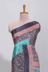 Black floral design mirror work masakali saree with self border and contrast motifs blouse
