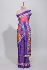 Violet floral design mirror work masakali saree with self border and contrast motifs blouse