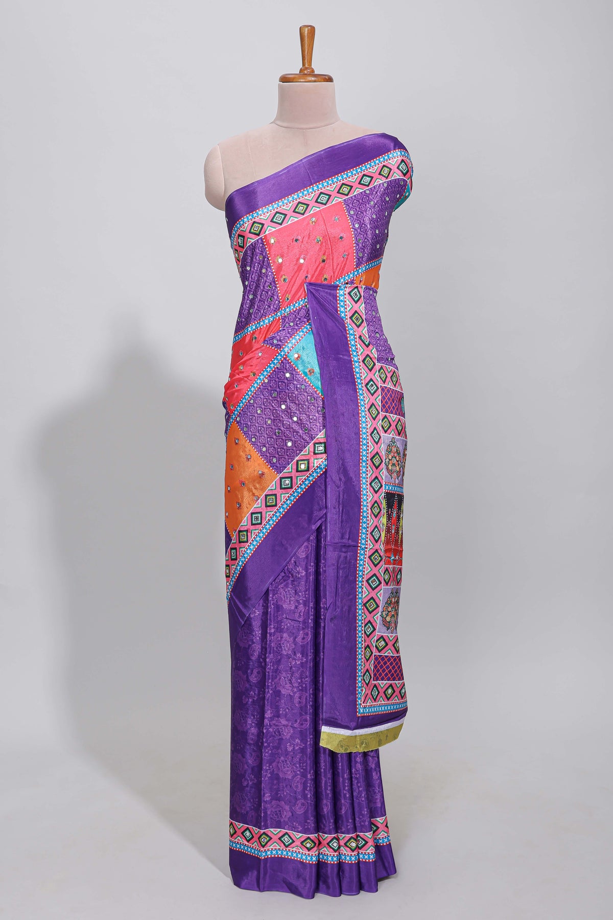 Violet floral design mirror work masakali saree with self border and contrast motifs blouse