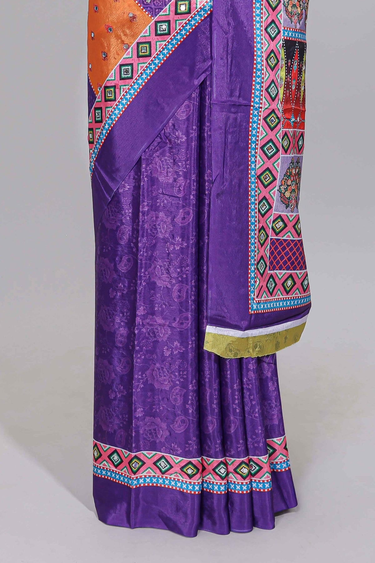 Violet floral design mirror work masakali saree with self border and contrast motifs blouse
