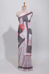 Grey floral design mirror work masakali saree with self border and contrast motifs blouse