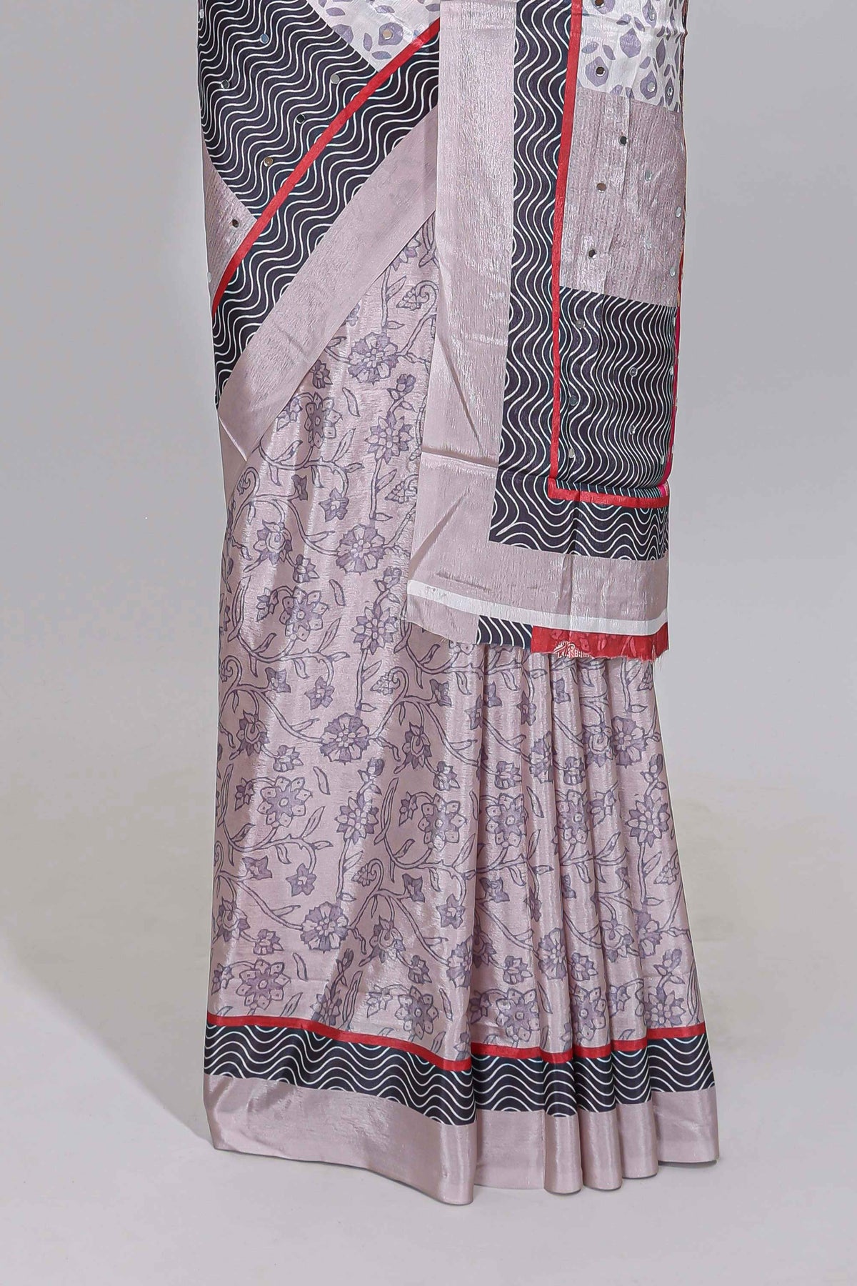 Grey floral design mirror work masakali saree with self border and contrast motifs blouse