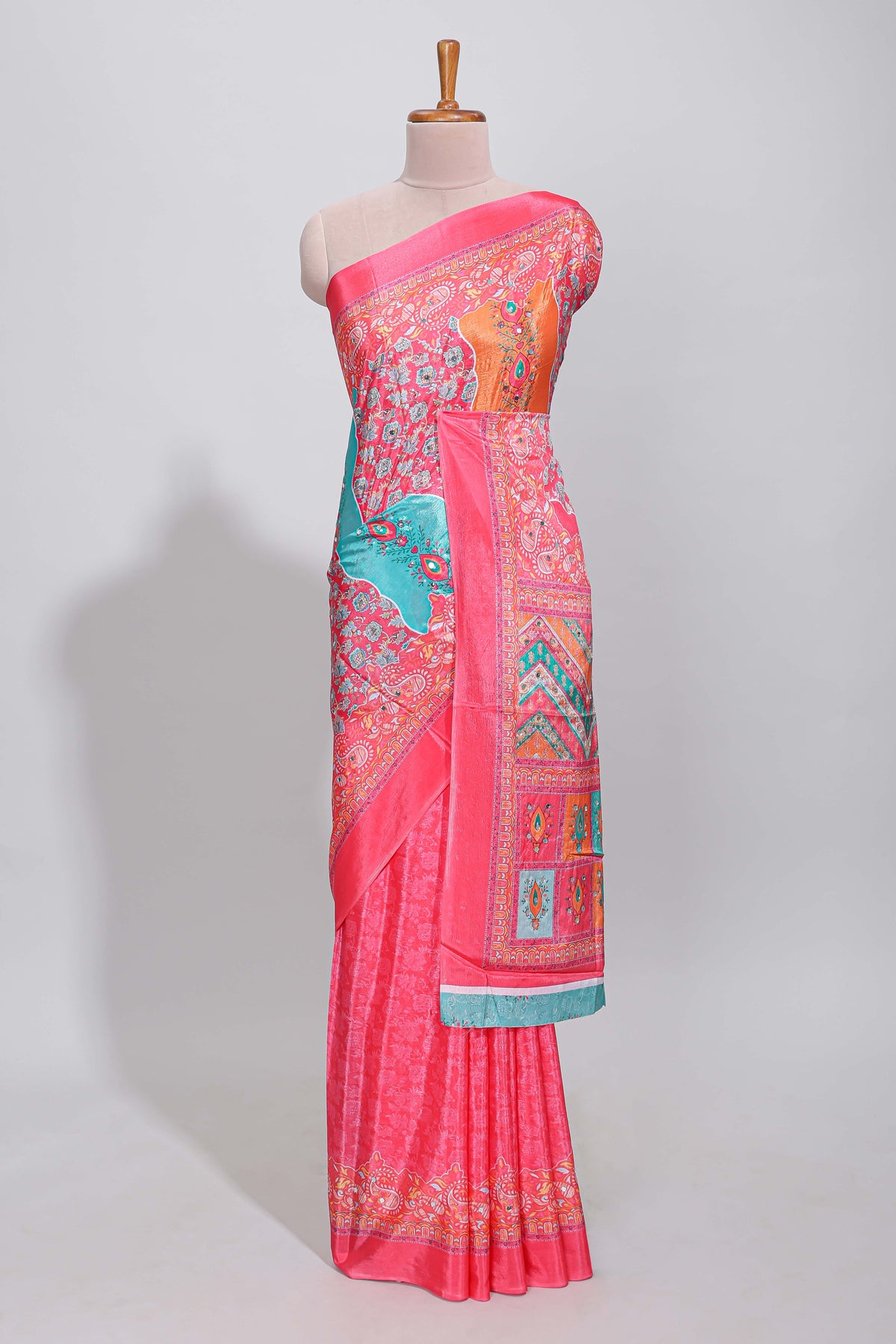 Pink floral design mirror work masakali saree with self border and contrast motifs blouse