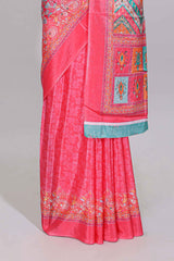 Pink floral design mirror work masakali saree with self border and contrast motifs blouse