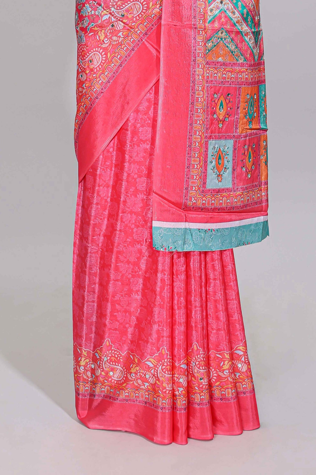 Pink floral design mirror work masakali saree with self border and contrast motifs blouse