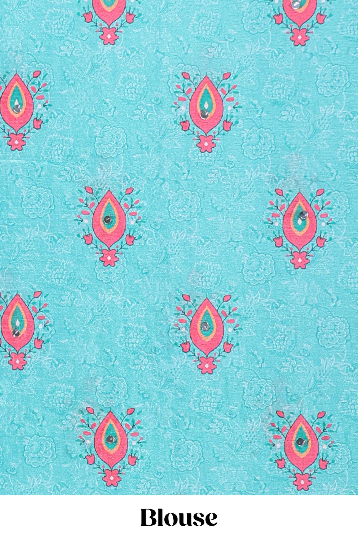 Pink floral design mirror work masakali saree with self border and contrast motifs blouse