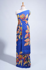 Borderless blue floral design mul mul cotton saree with matching blouse