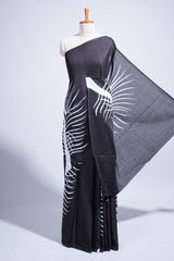 Borderless black leaf design mul mul cotton saree with matching blouse