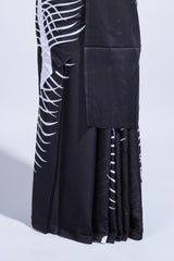 Borderless black leaf design mul mul cotton saree with matching blouse