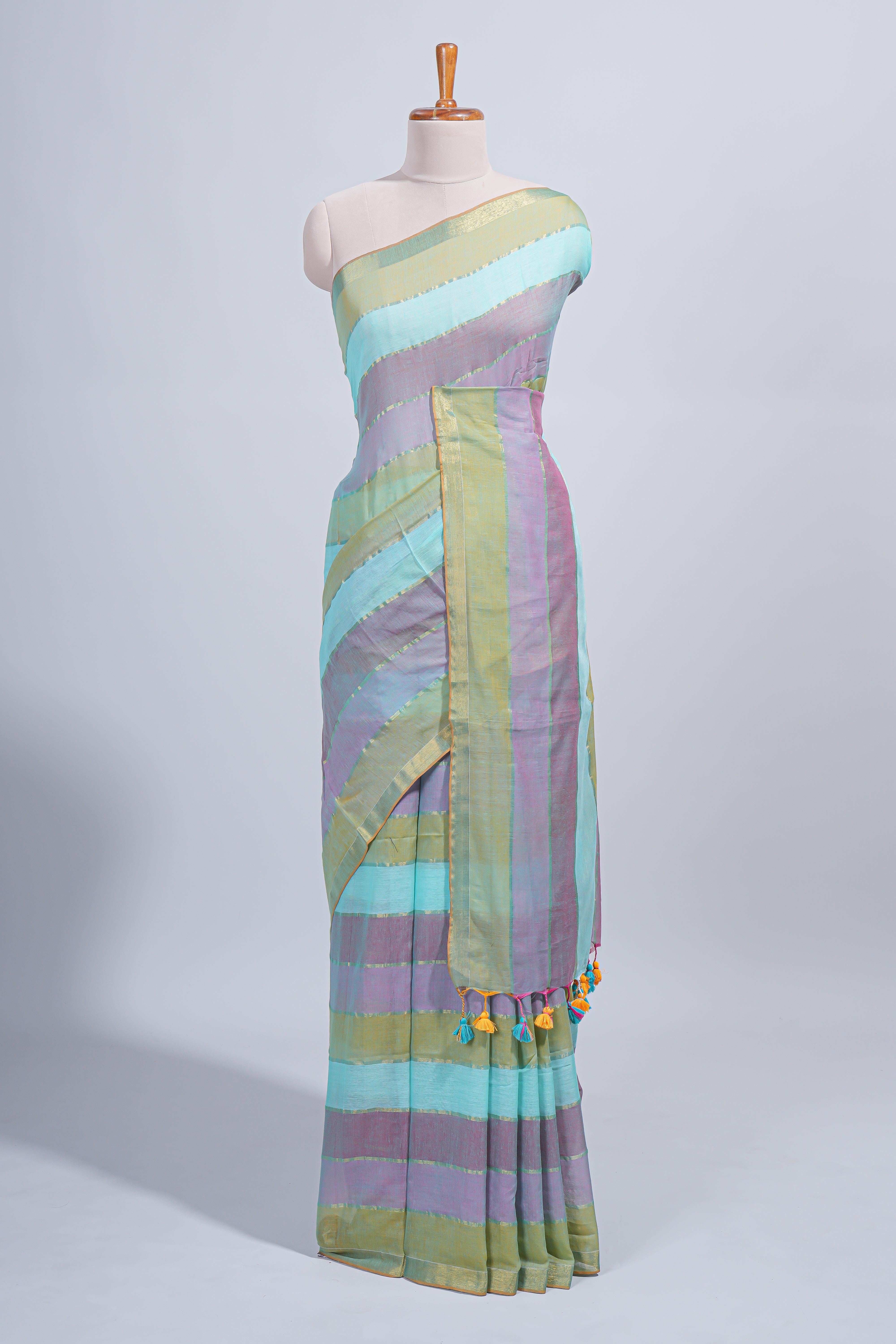 Multi color striped mul mul cotton saree with self zari border and matching blouse