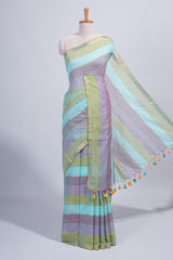 Multi color striped mul mul cotton saree with self zari border and matching blouse