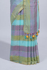 Multi color striped mul mul cotton saree with self zari border and matching blouse