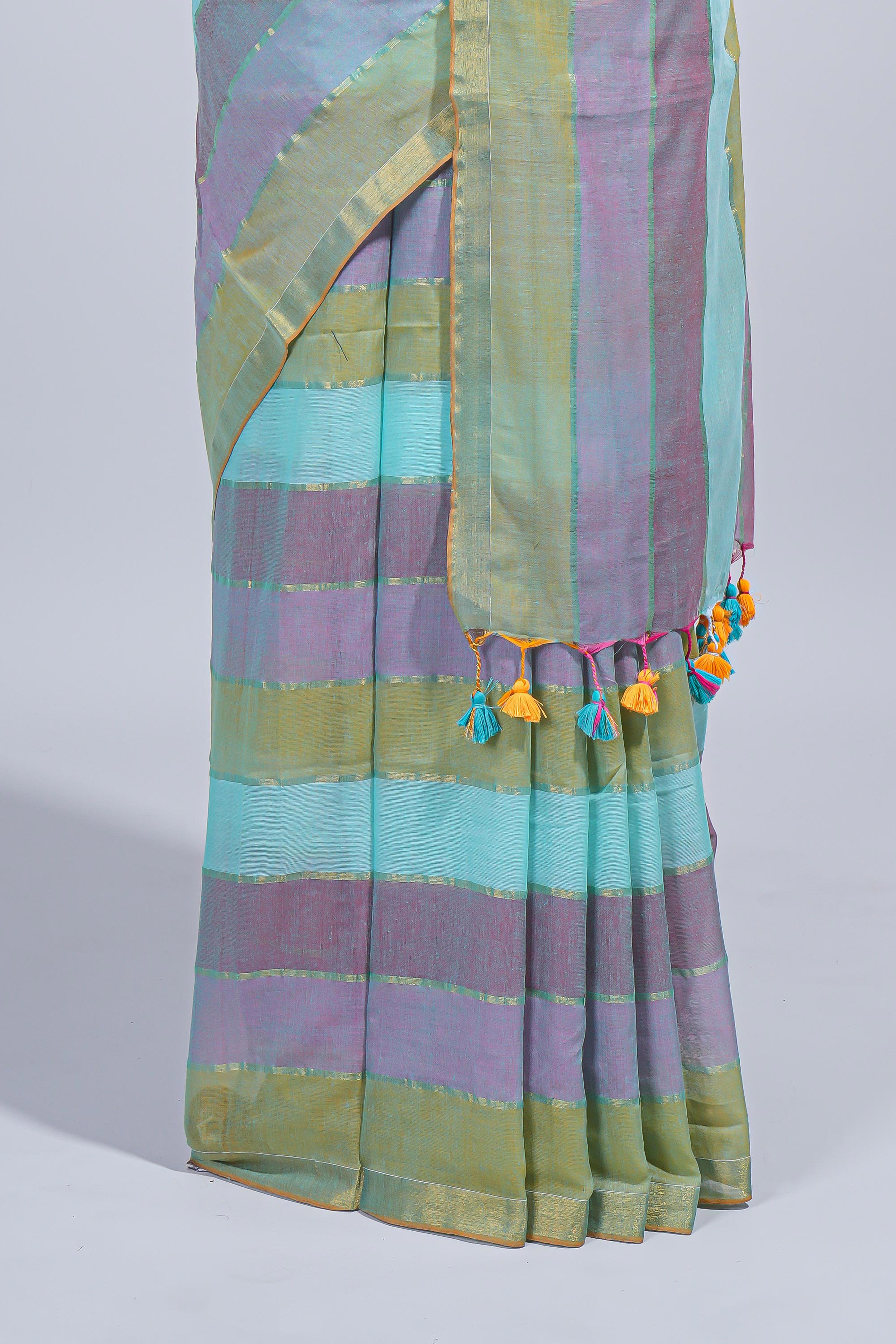 Multi color striped mul mul cotton saree with self zari border and matching blouse