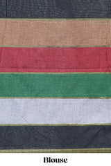 Multi color striped mul mul cotton saree with self zari border and matching blouse