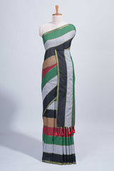 Multi color striped mul mul cotton saree with self zari border and matching blouse
