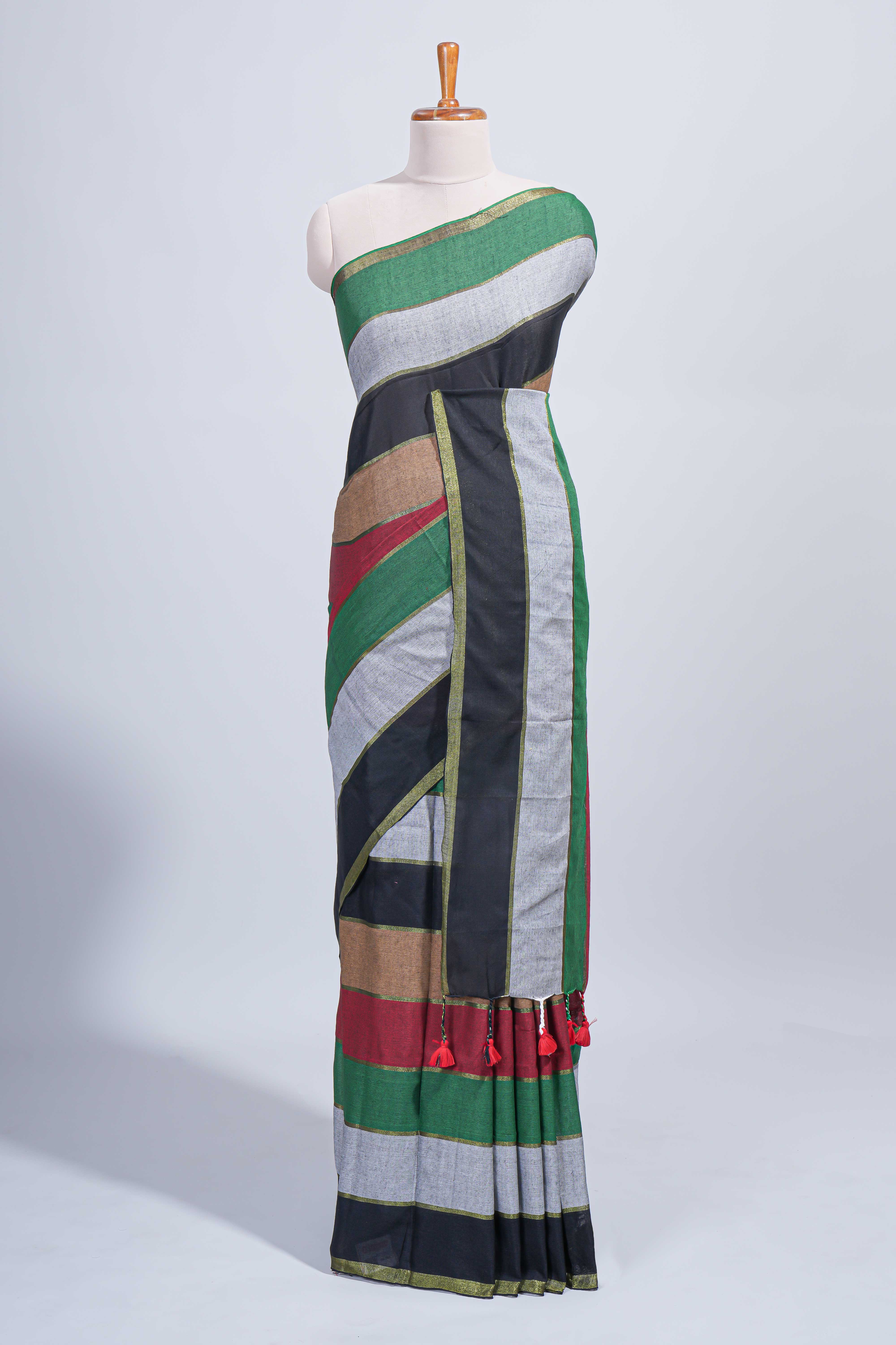 Multi color striped mul mul cotton saree with self zari border and matching blouse