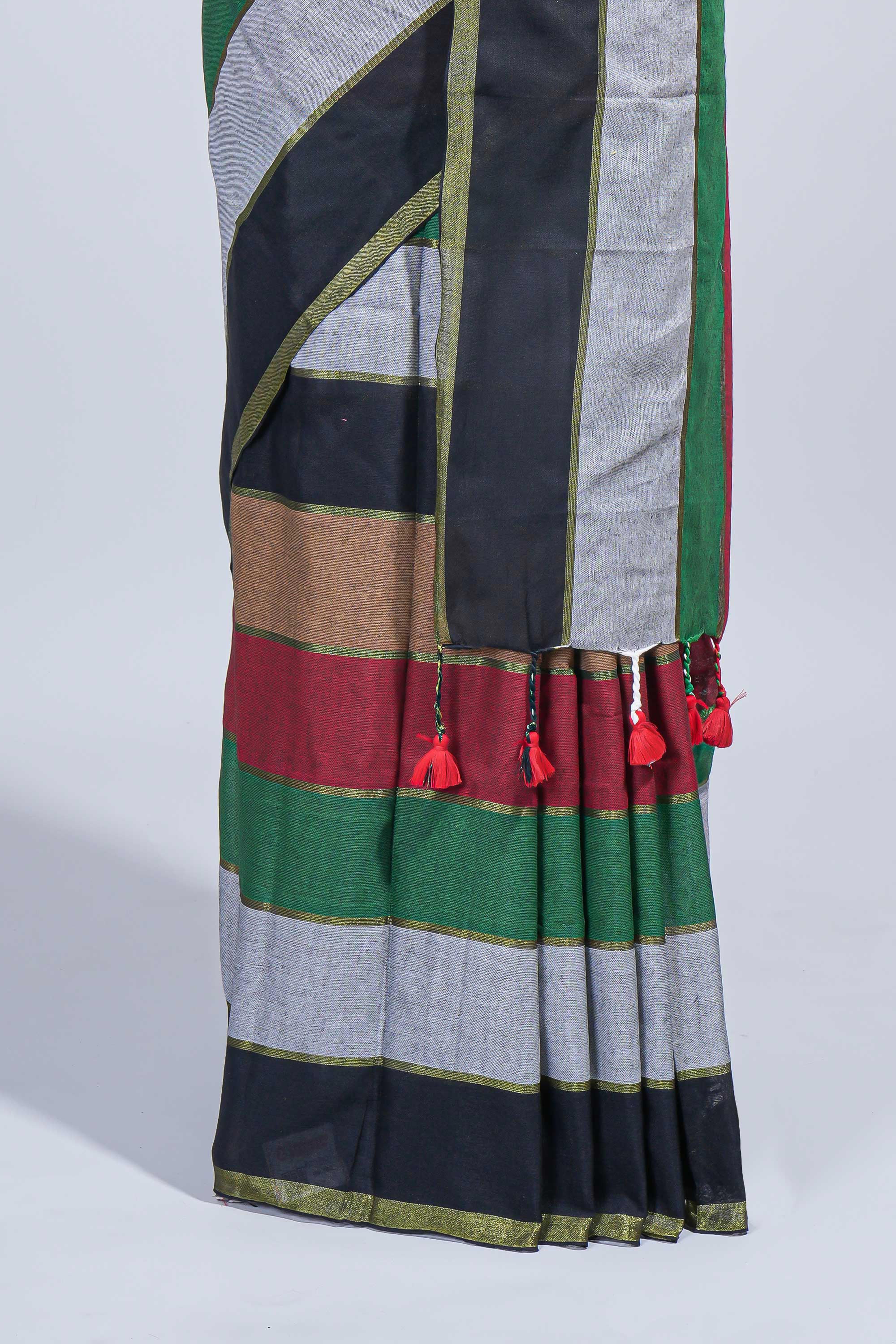 Multi color striped mul mul cotton saree with self zari border and matching blouse