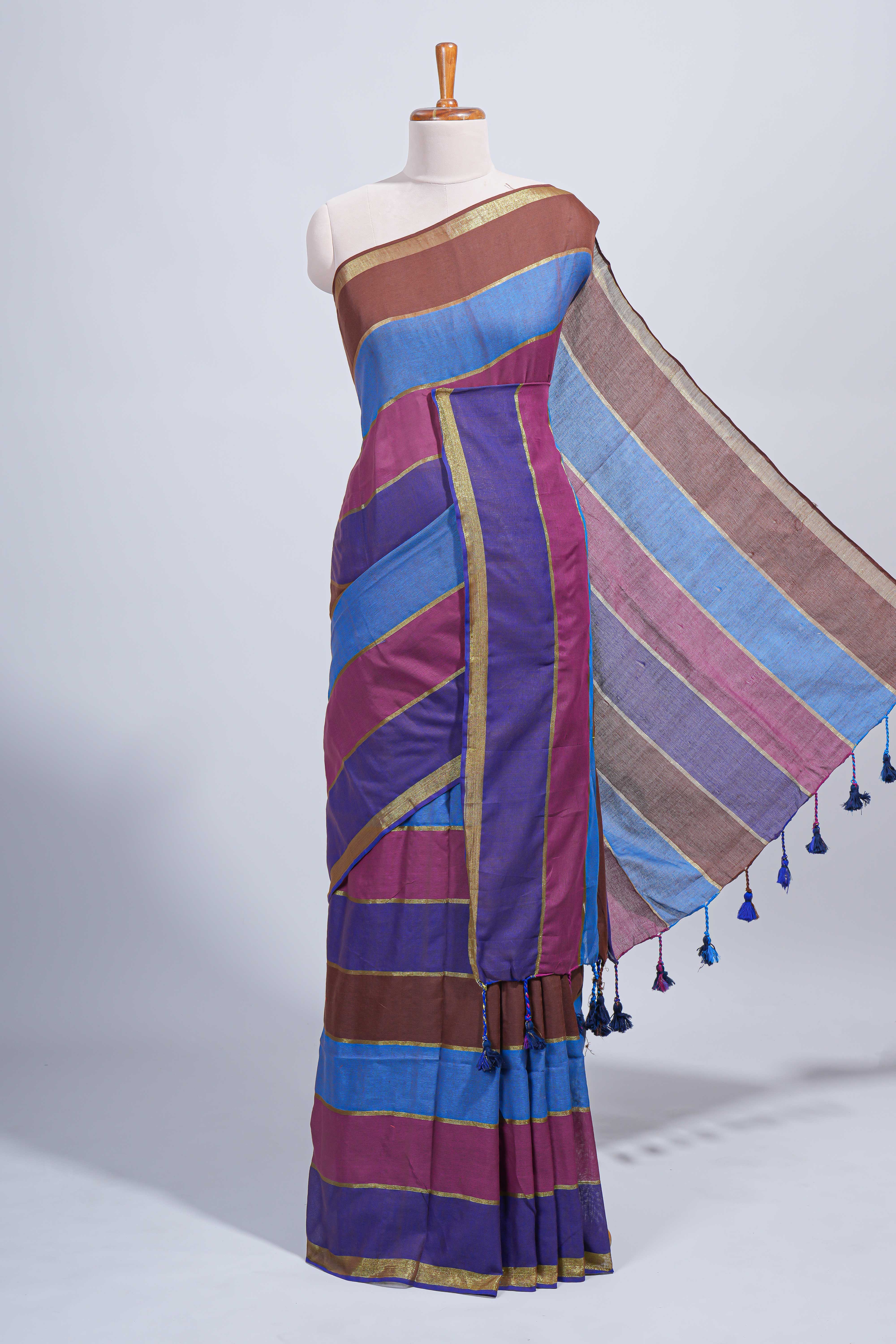 Multi color striped mul mul cotton saree with self zari border and matching blouse