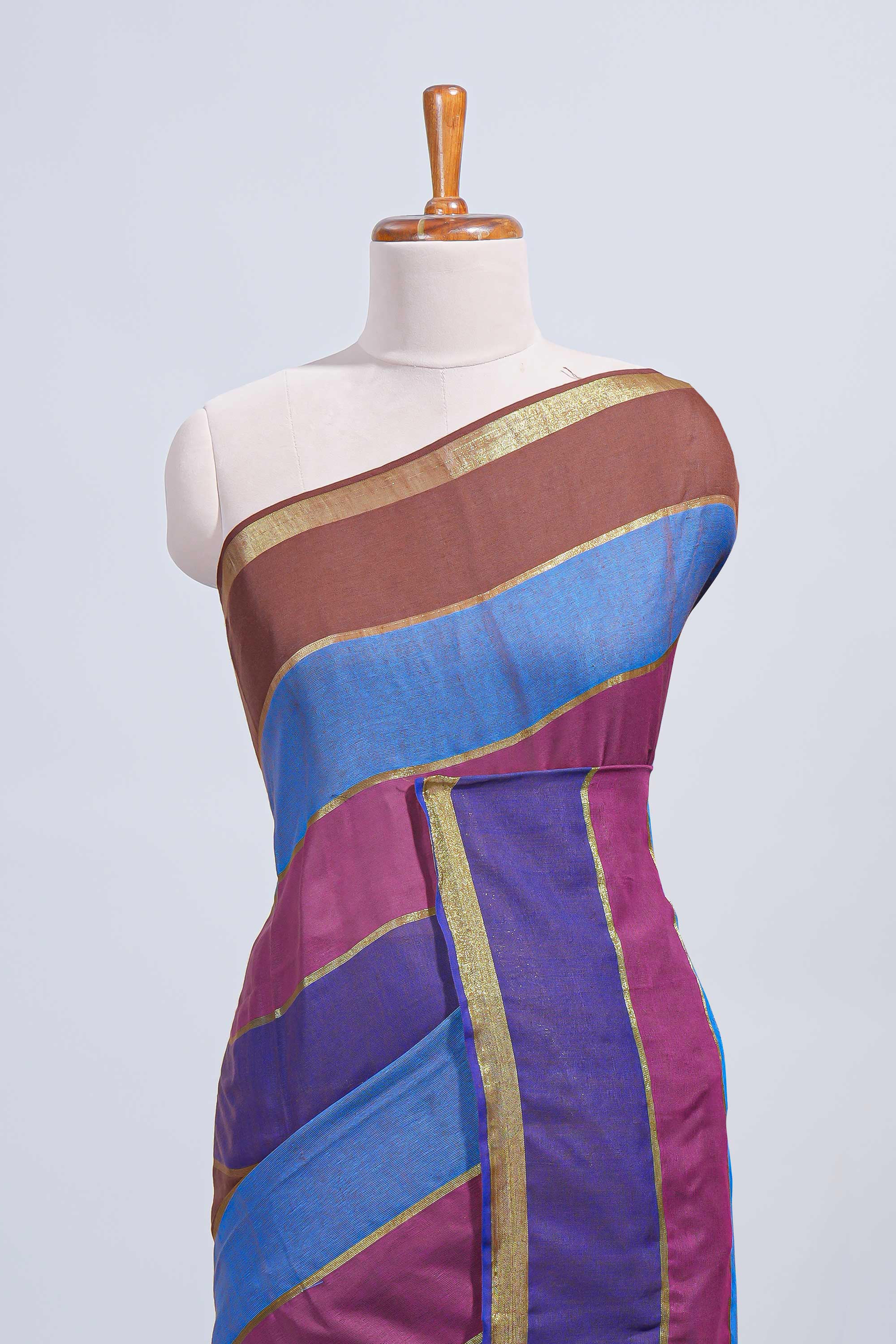 Multi color striped mul mul cotton saree with self zari border and matching blouse