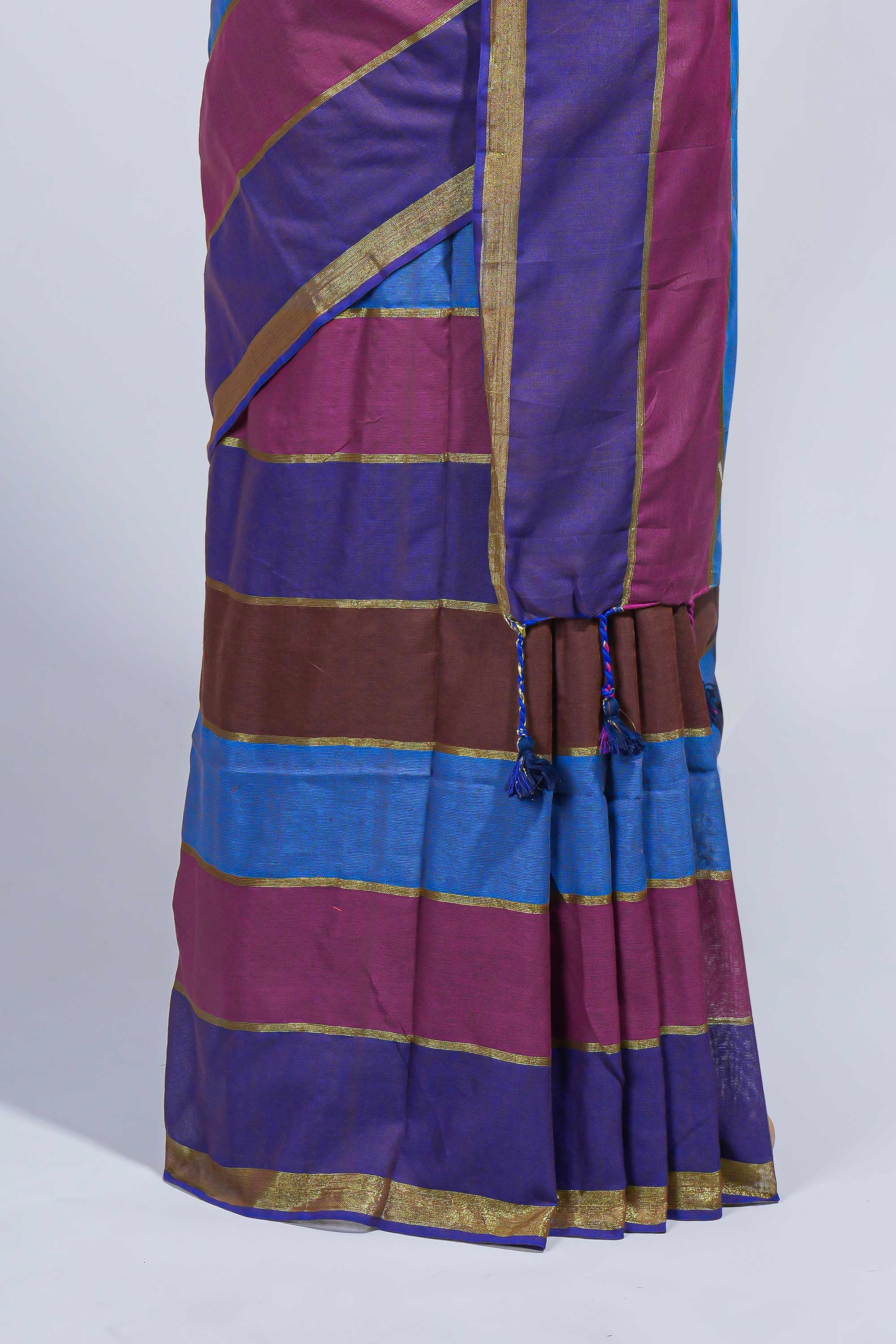 Multi color striped mul mul cotton saree with self zari border and matching blouse