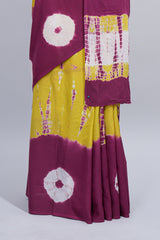 Borderless purple and yellow shibori design mul mul cotton saree with self pallu