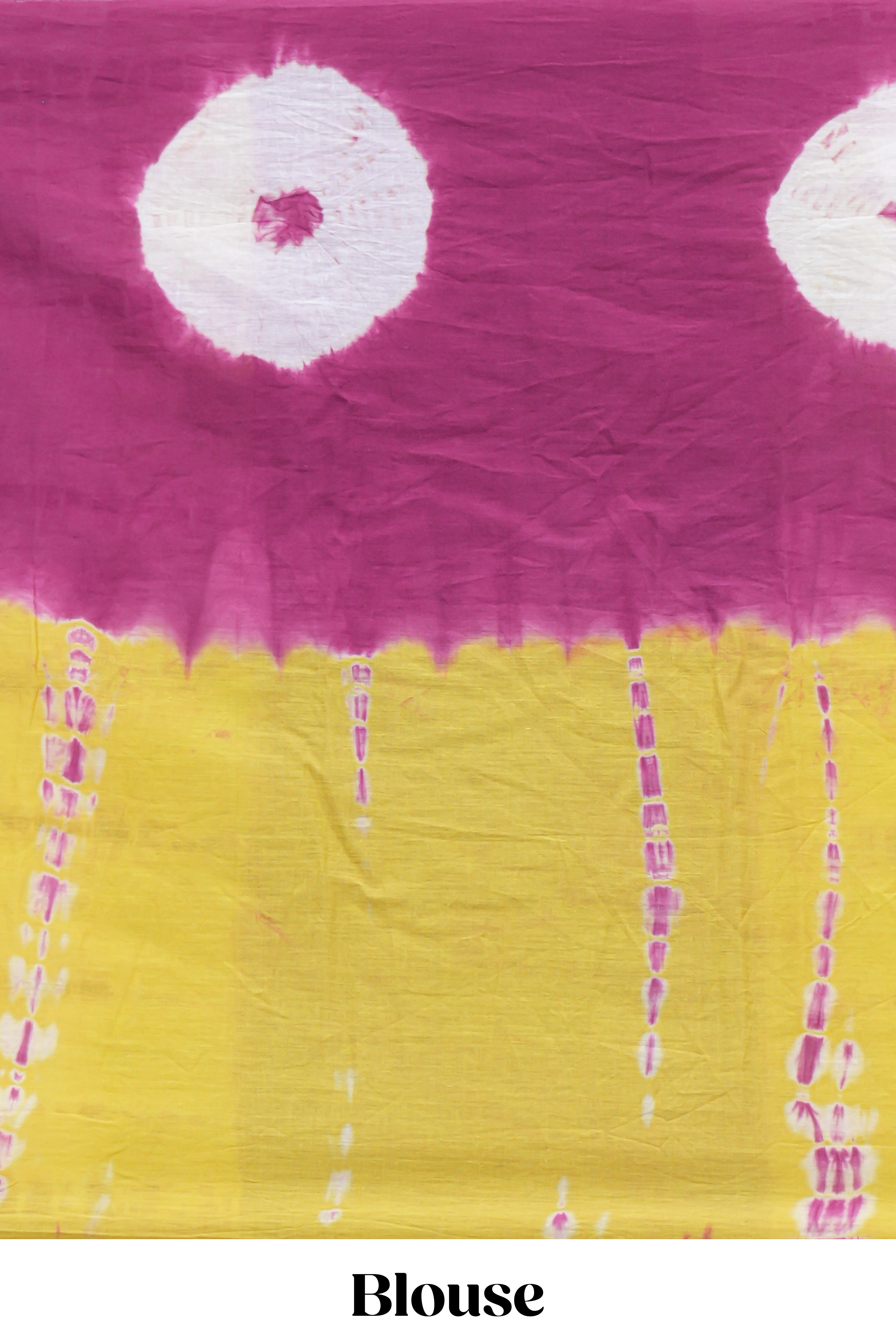 Borderless purple and yellow shibori design mul mul cotton saree with self pallu