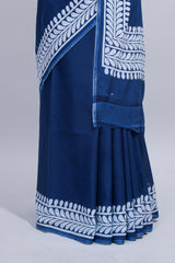 Blue plain mul mul cotton saree with self border and matching blouse