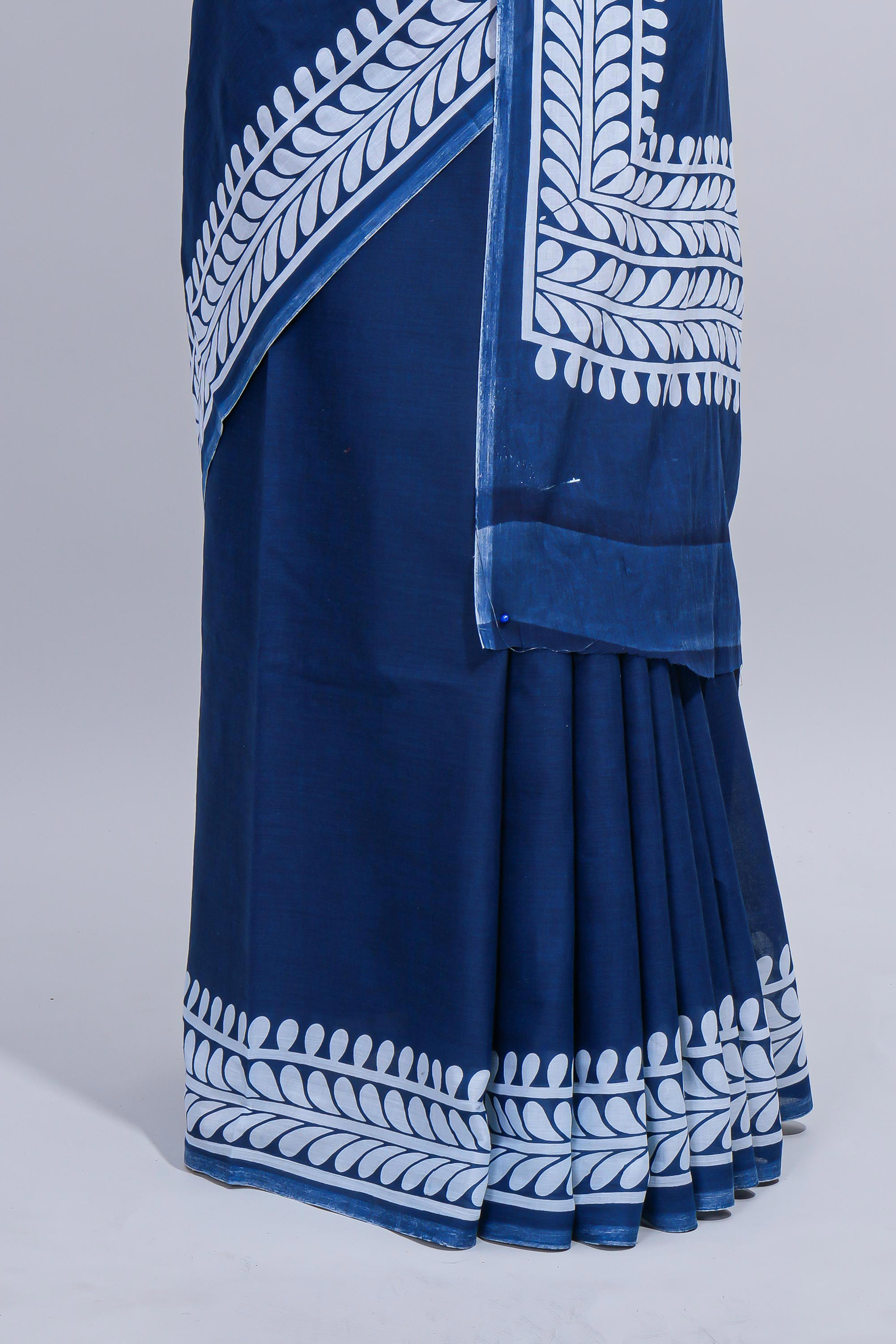 Blue plain mul mul cotton saree with self border and matching blouse