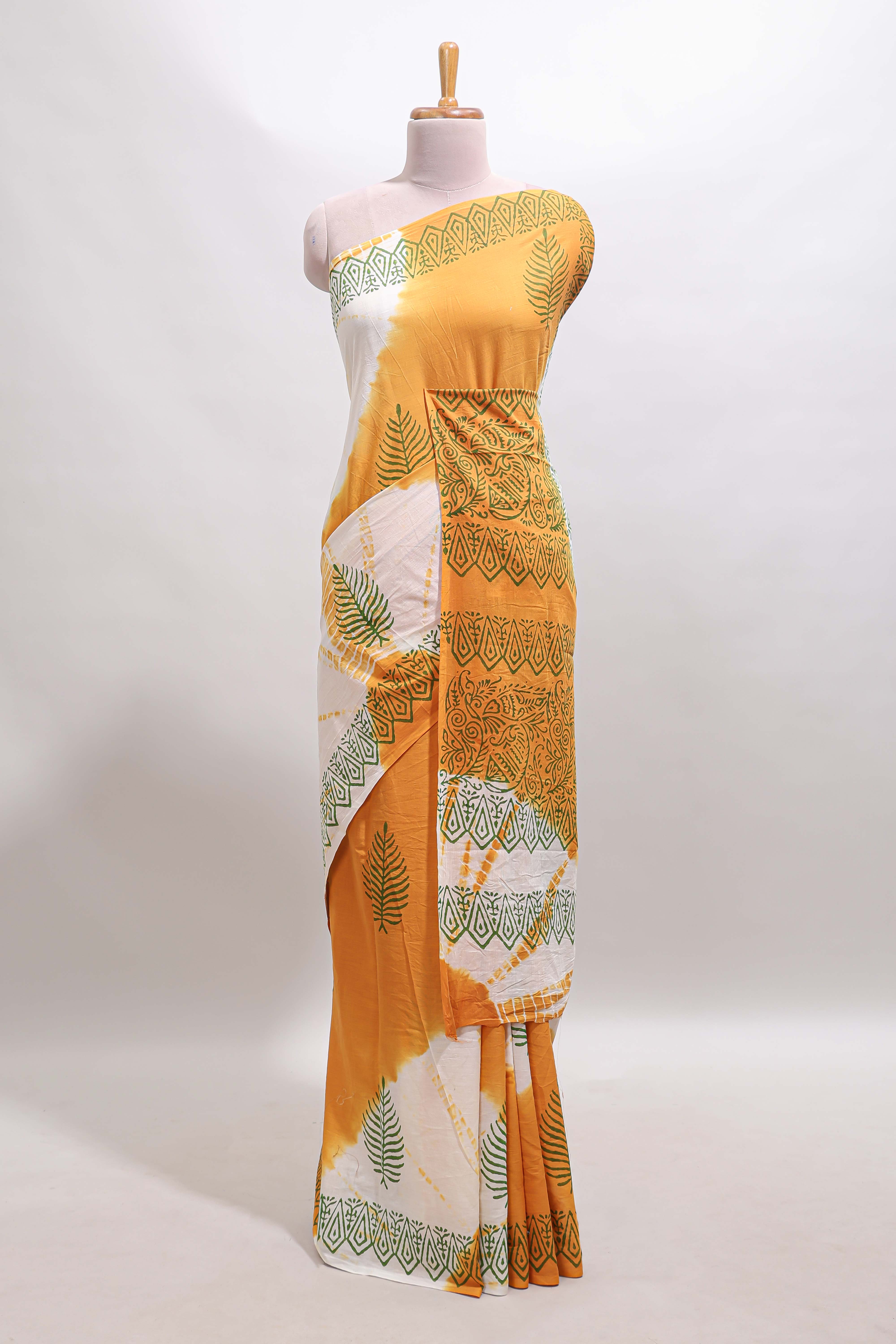 Cream & mustard leaf motifs mul mul cotton saree with self border and matching blouse