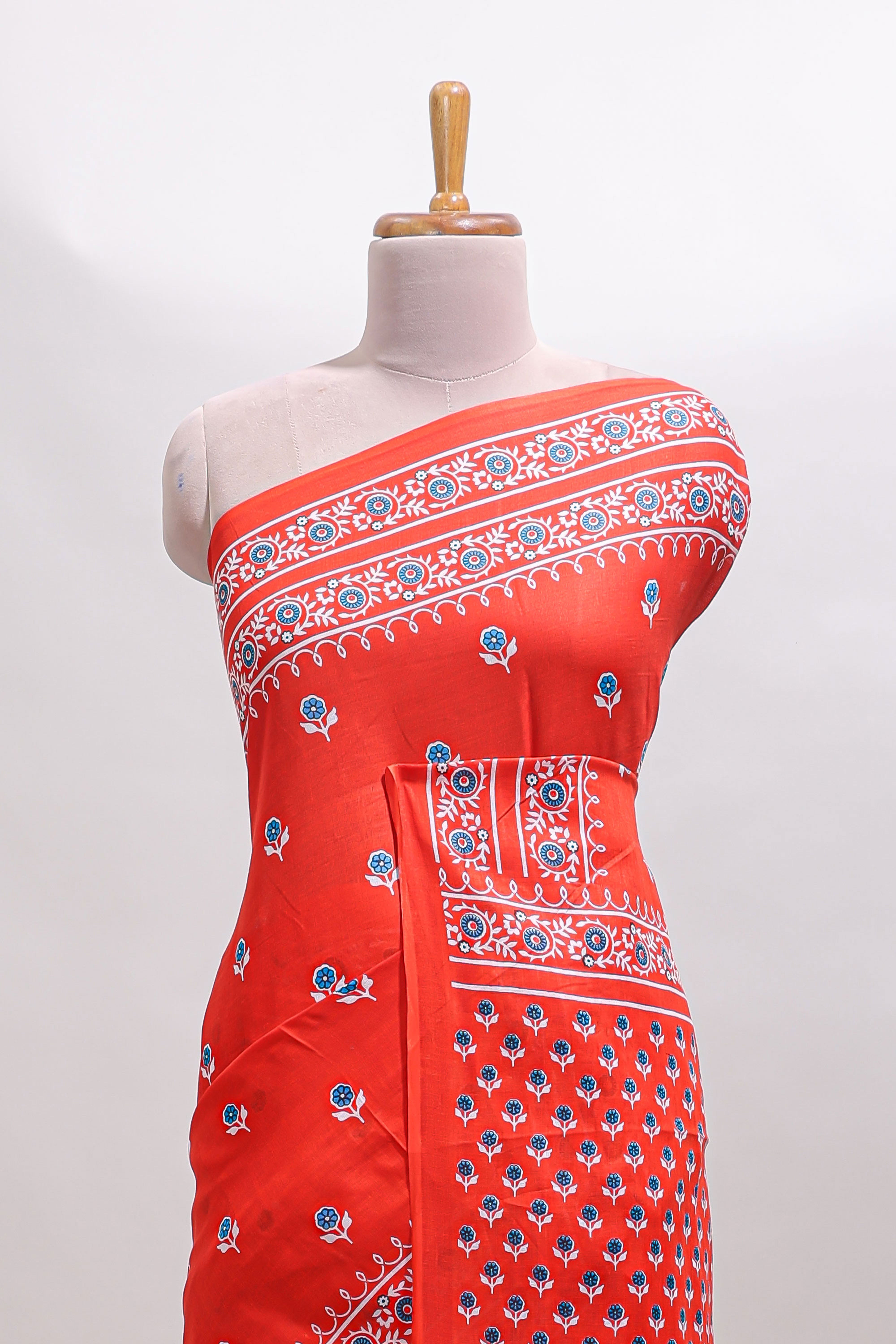 Red floral motifs design mul mul cotton saree with self border and contrast blouse