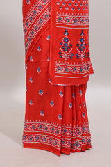 Red floral motifs design mul mul cotton saree with self border and contrast blouse