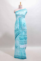 Turquoise green butterfly motifs design mul mul cotton saree with self border and matching warli print blouse