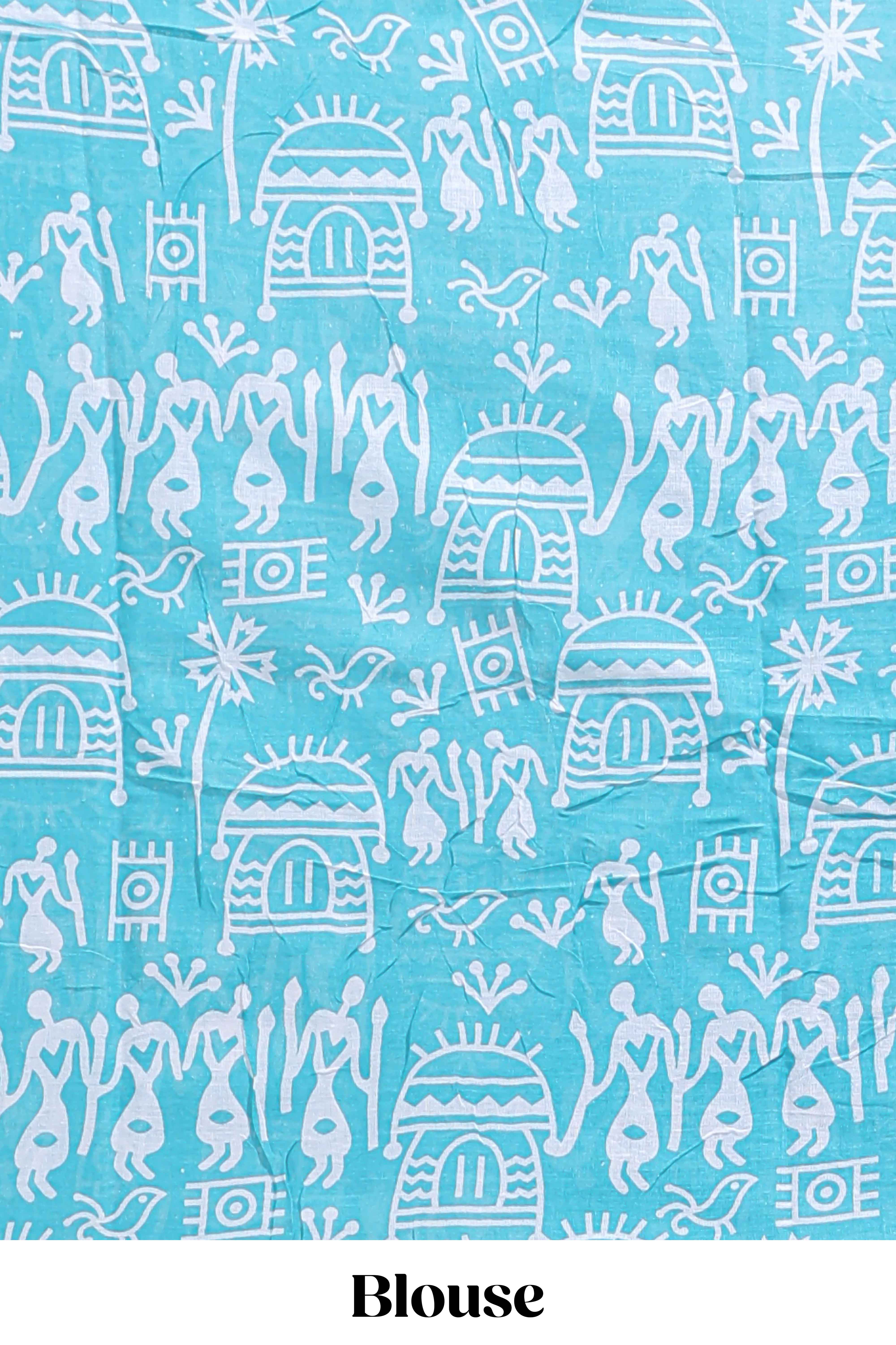 Turquoise green butterfly motifs design mul mul cotton saree with self border and matching warli print blouse