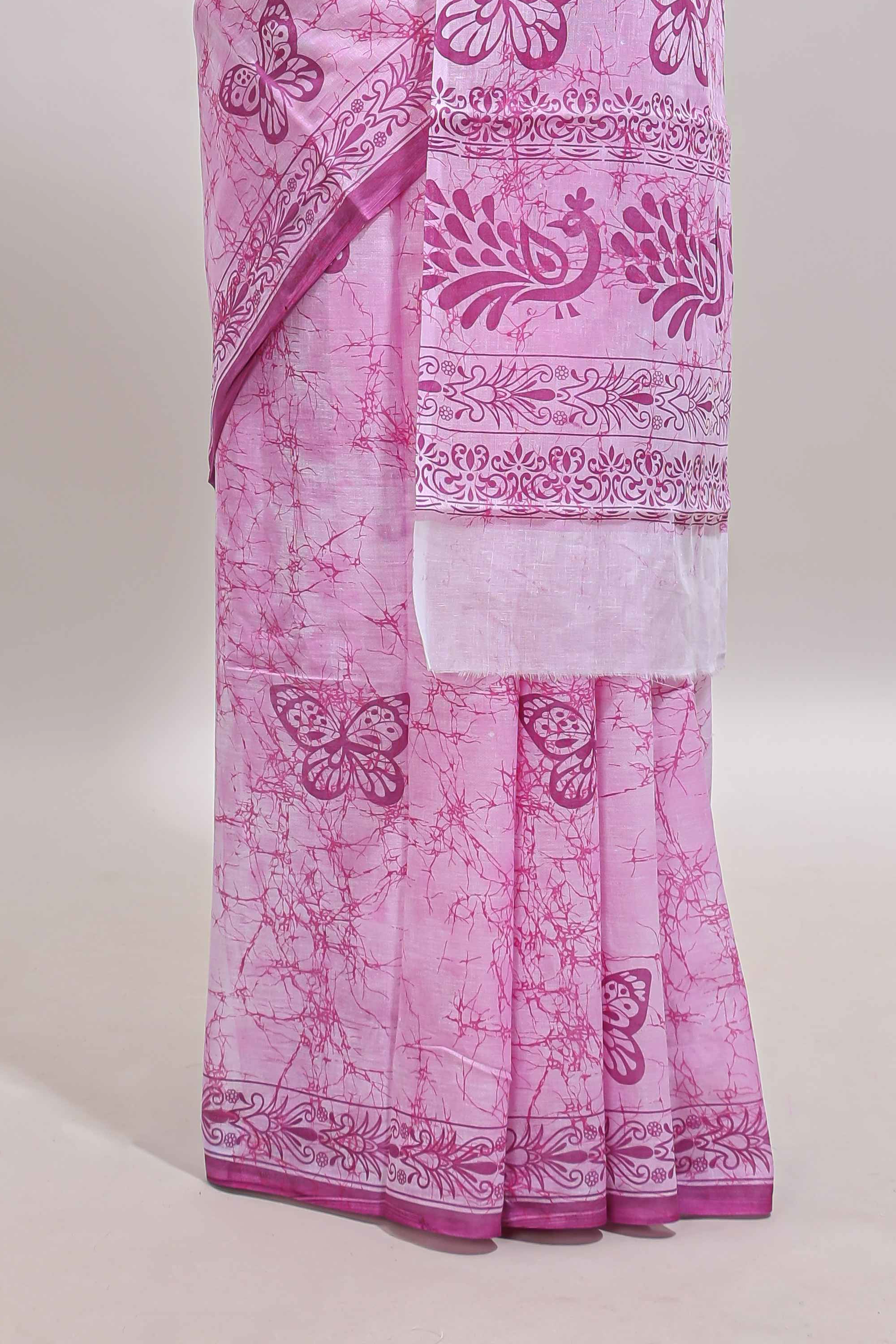 Pink butterfly motifs design mul mul cotton saree with self border and matching warli print blouse