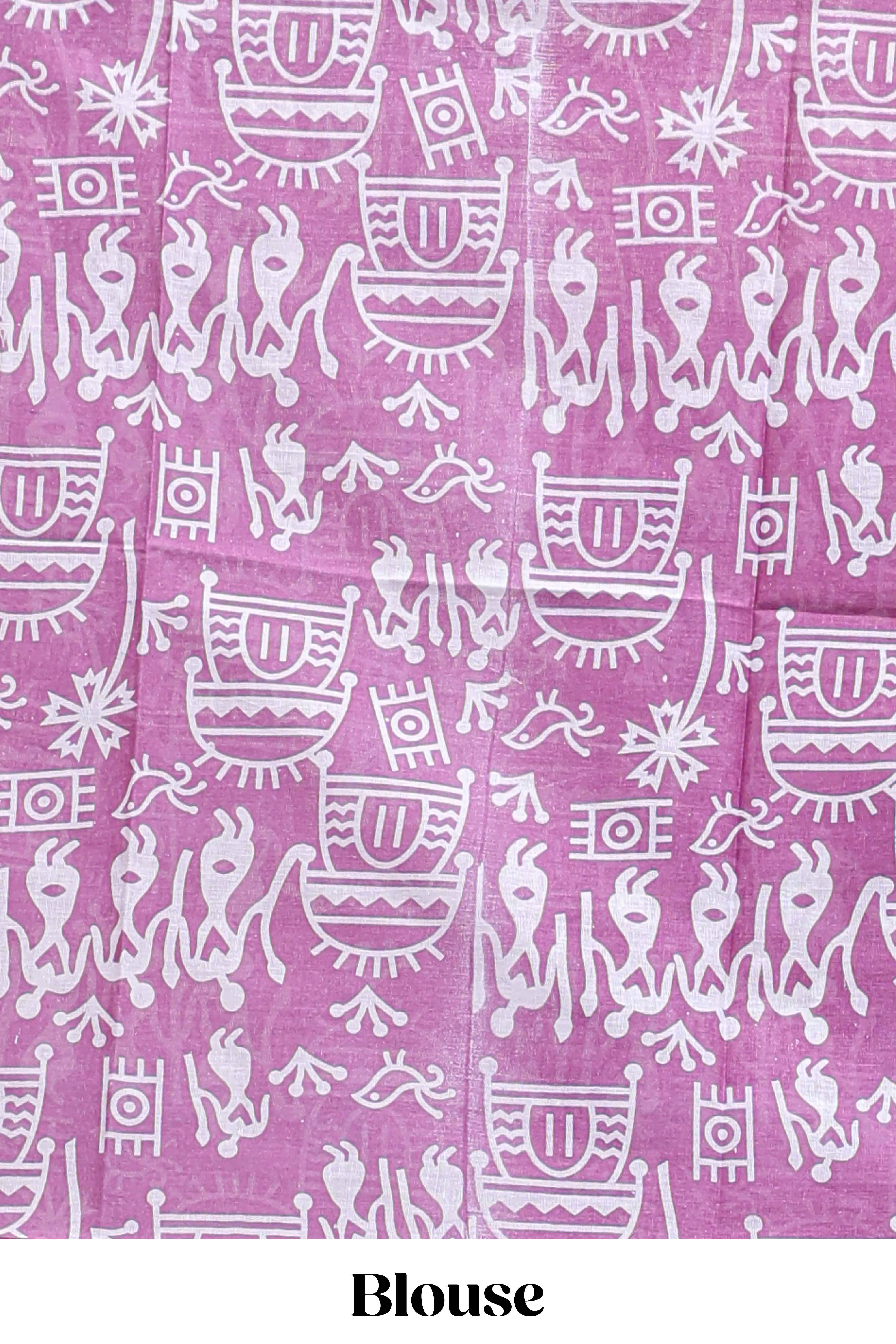 Pink butterfly motifs design mul mul cotton saree with self border and matching warli print blouse