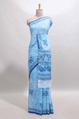 Blue butterfly motifs design mul mul cotton saree with self border and matching warli print blouse