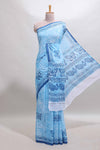 Blue butterfly motifs design mul mul cotton saree with self border and matching warli print blouse