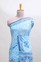 Blue butterfly motifs design mul mul cotton saree with self border and matching warli print blouse