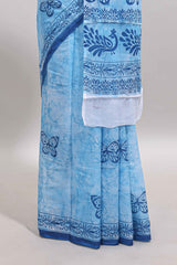 Blue butterfly motifs design mul mul cotton saree with self border and matching warli print blouse