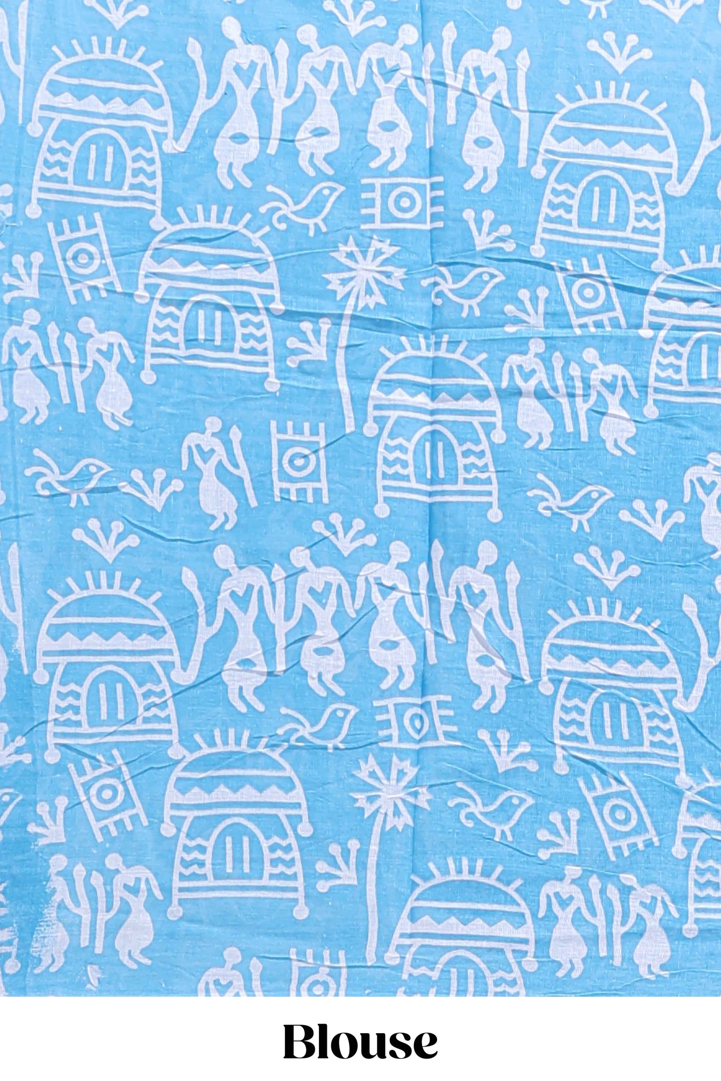 Blue butterfly motifs design mul mul cotton saree with self border and matching warli print blouse