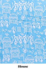 Blue butterfly motifs design mul mul cotton saree with self border and matching warli print blouse