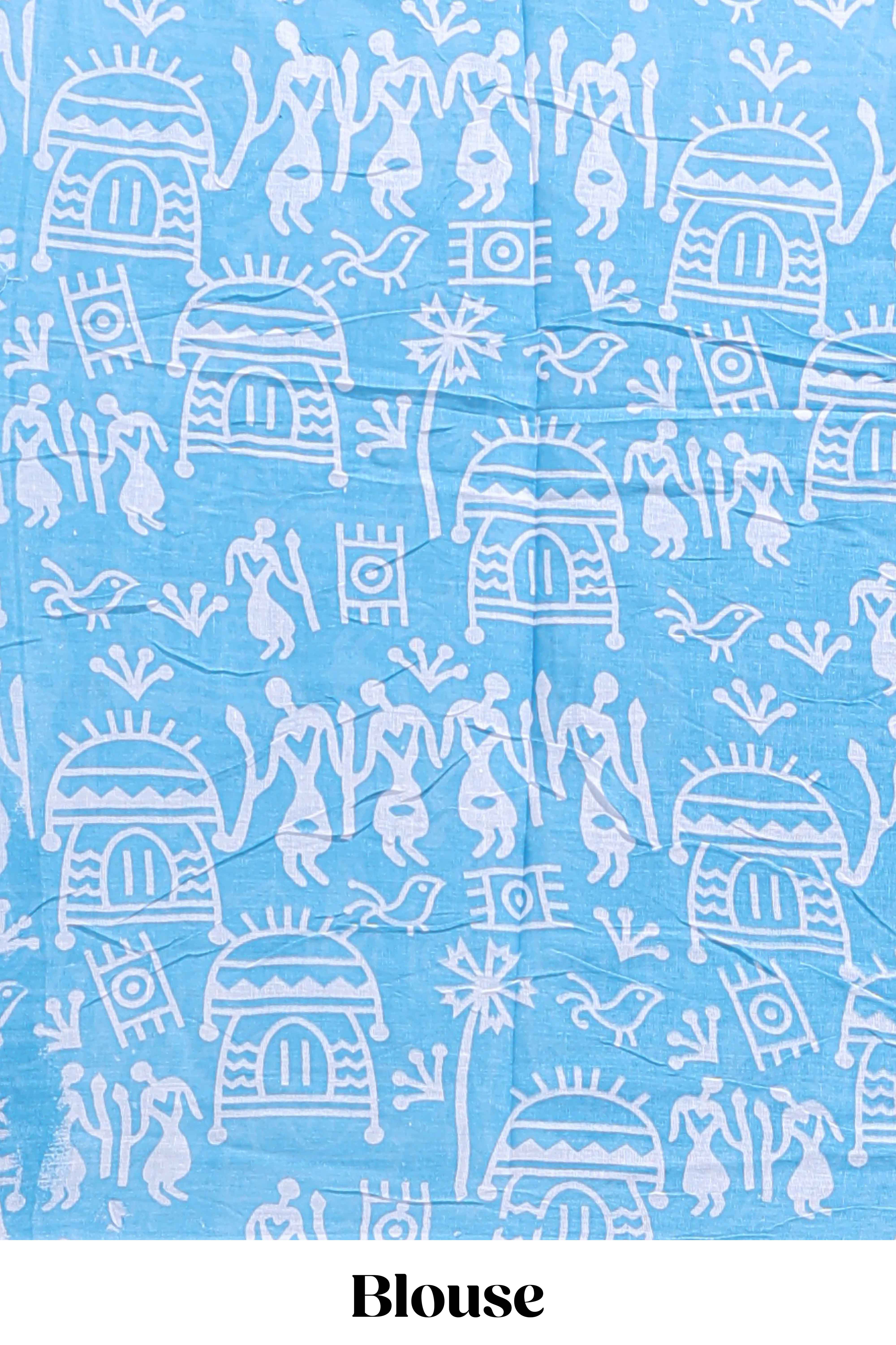 Blue butterfly motifs design mul mul cotton saree with self border and matching warli print blouse
