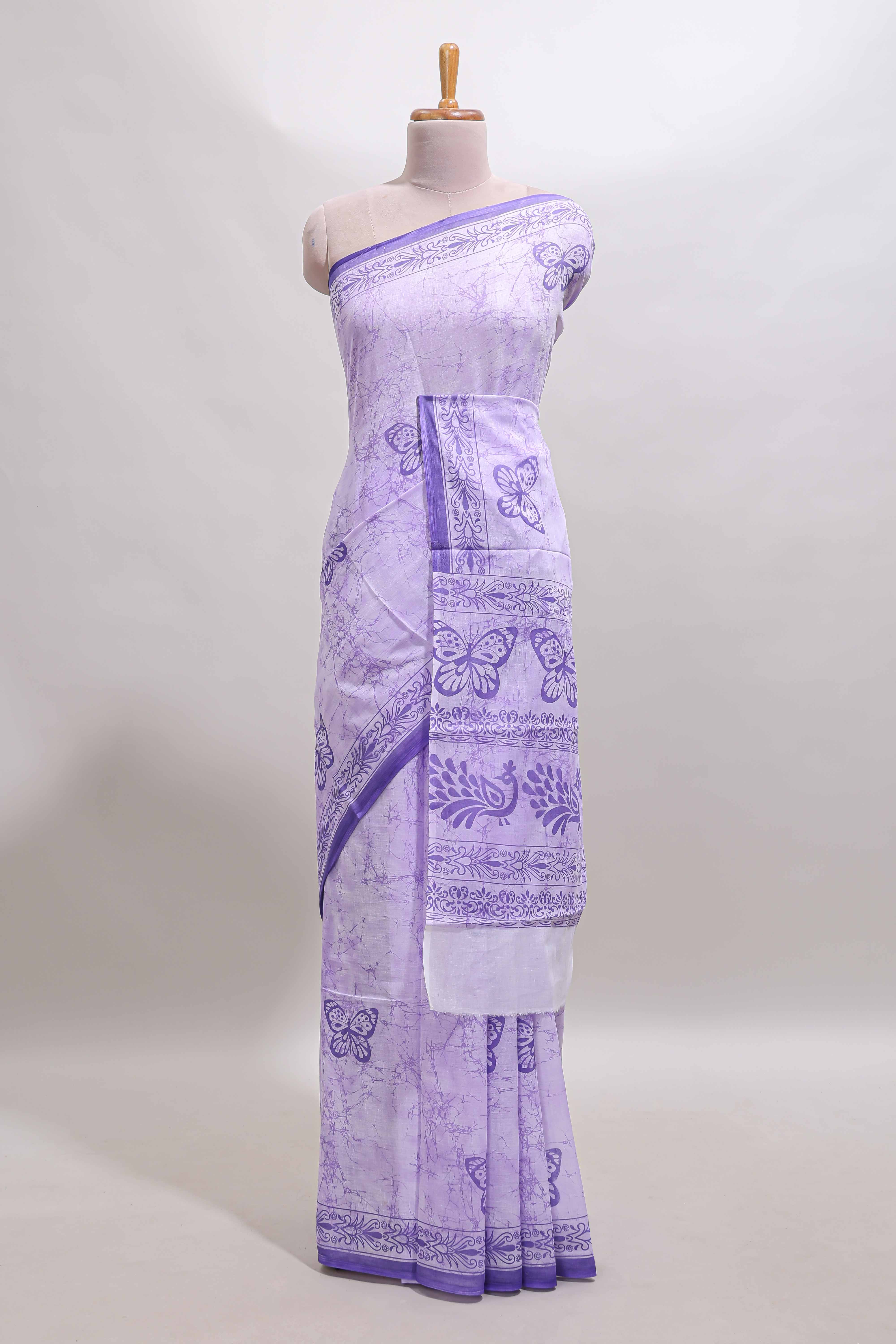 Lavender butterfly motifs design mul mul cotton saree with self border and matching warli print blouse