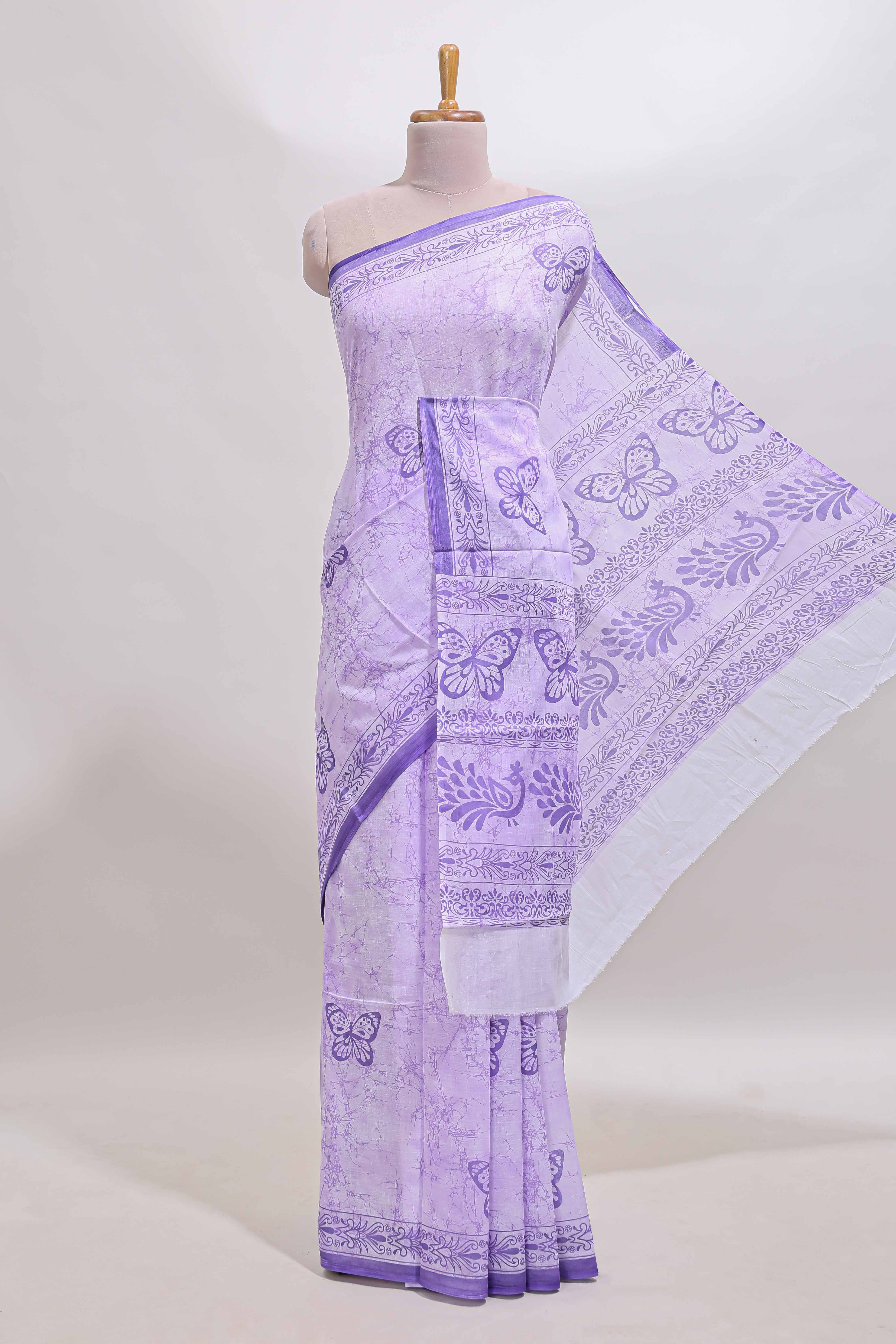 Lavender butterfly motifs design mul mul cotton saree with self border and matching warli print blouse