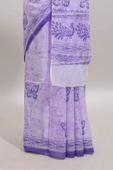 Lavender butterfly motifs design mul mul cotton saree with self border and matching warli print blouse