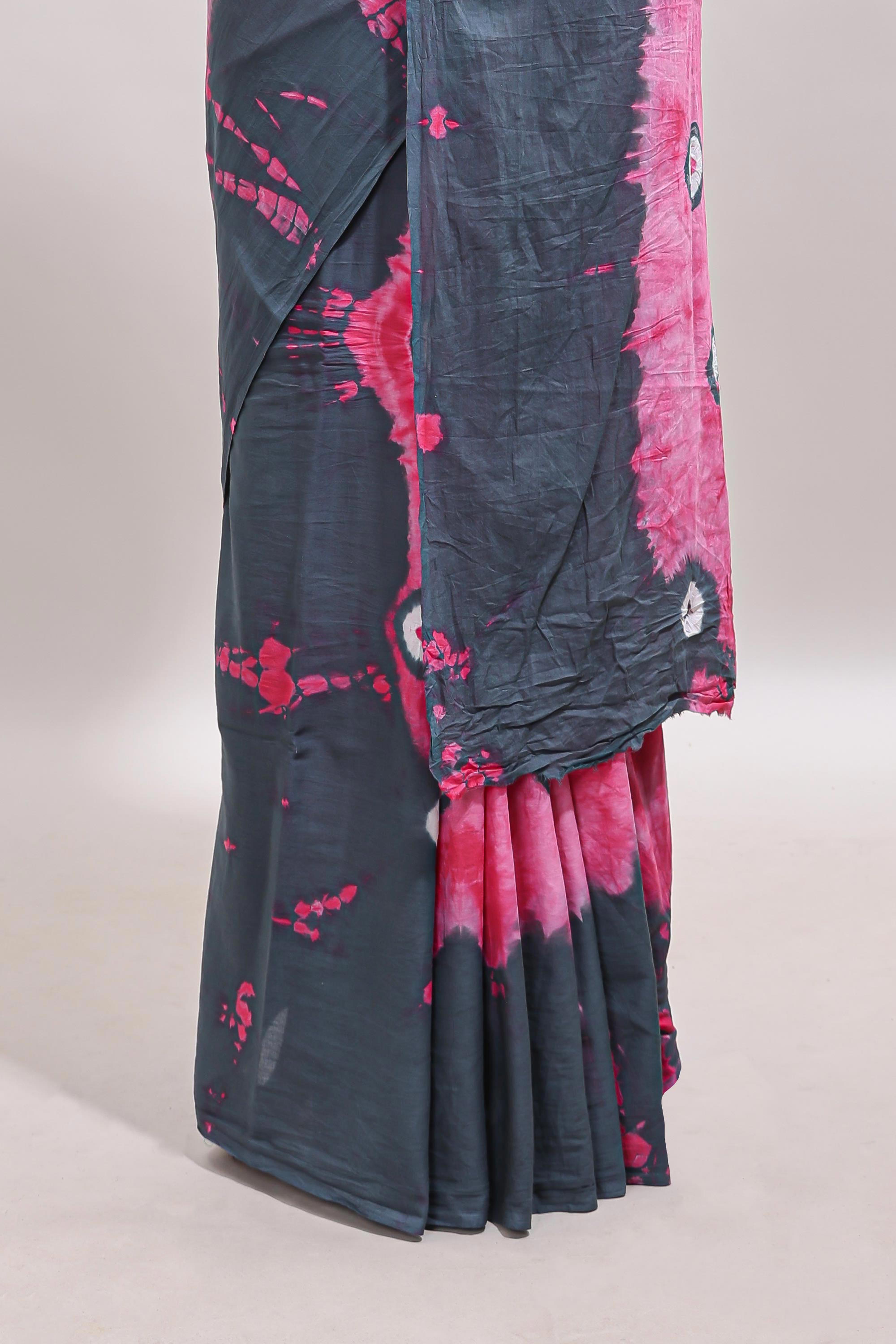 Pink shibori print motifs mul mul cotton saree with contrastborder and blouse