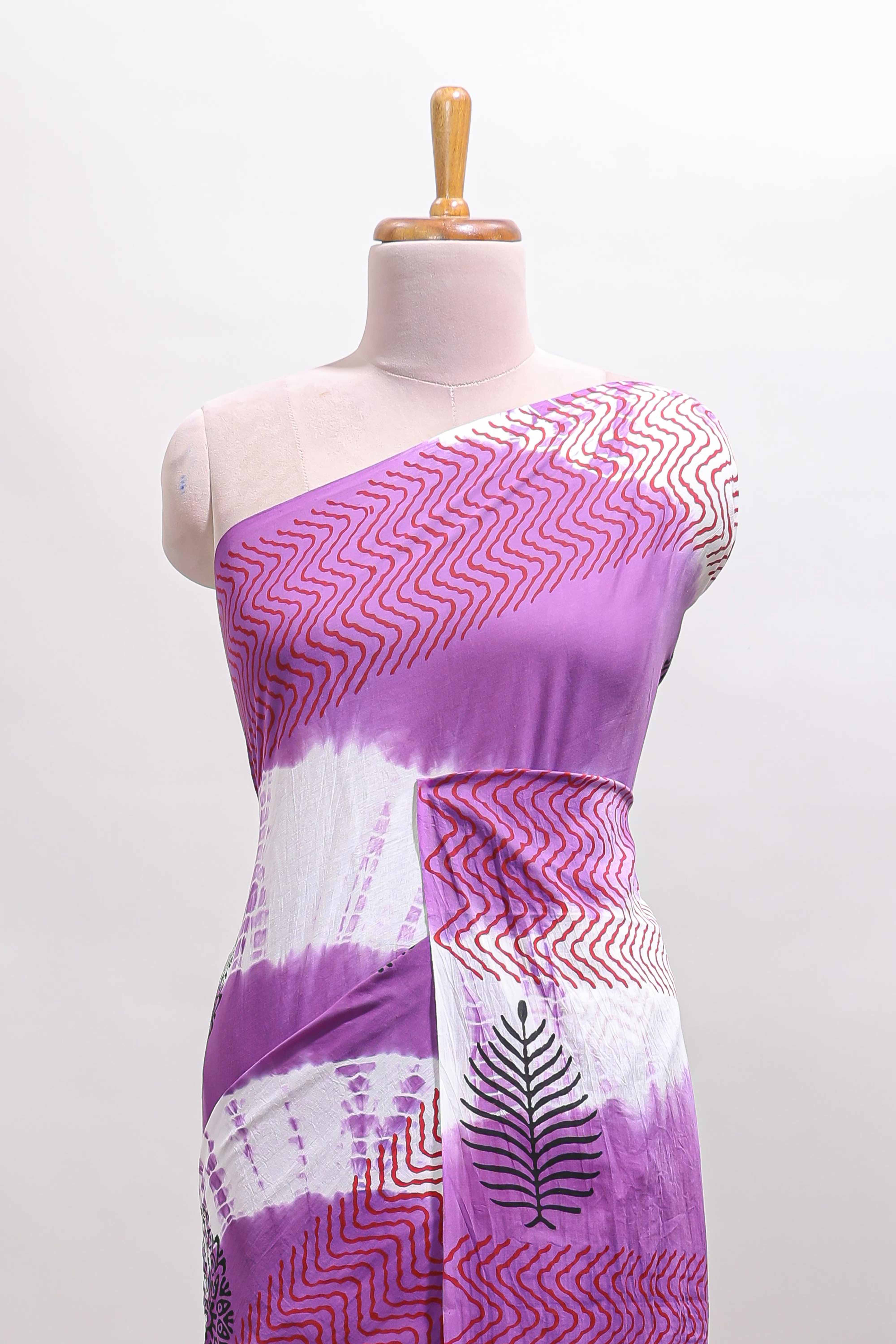 Lavender & cream floral shibori print motifs mul mul cotton saree with selfborder and matching blouse