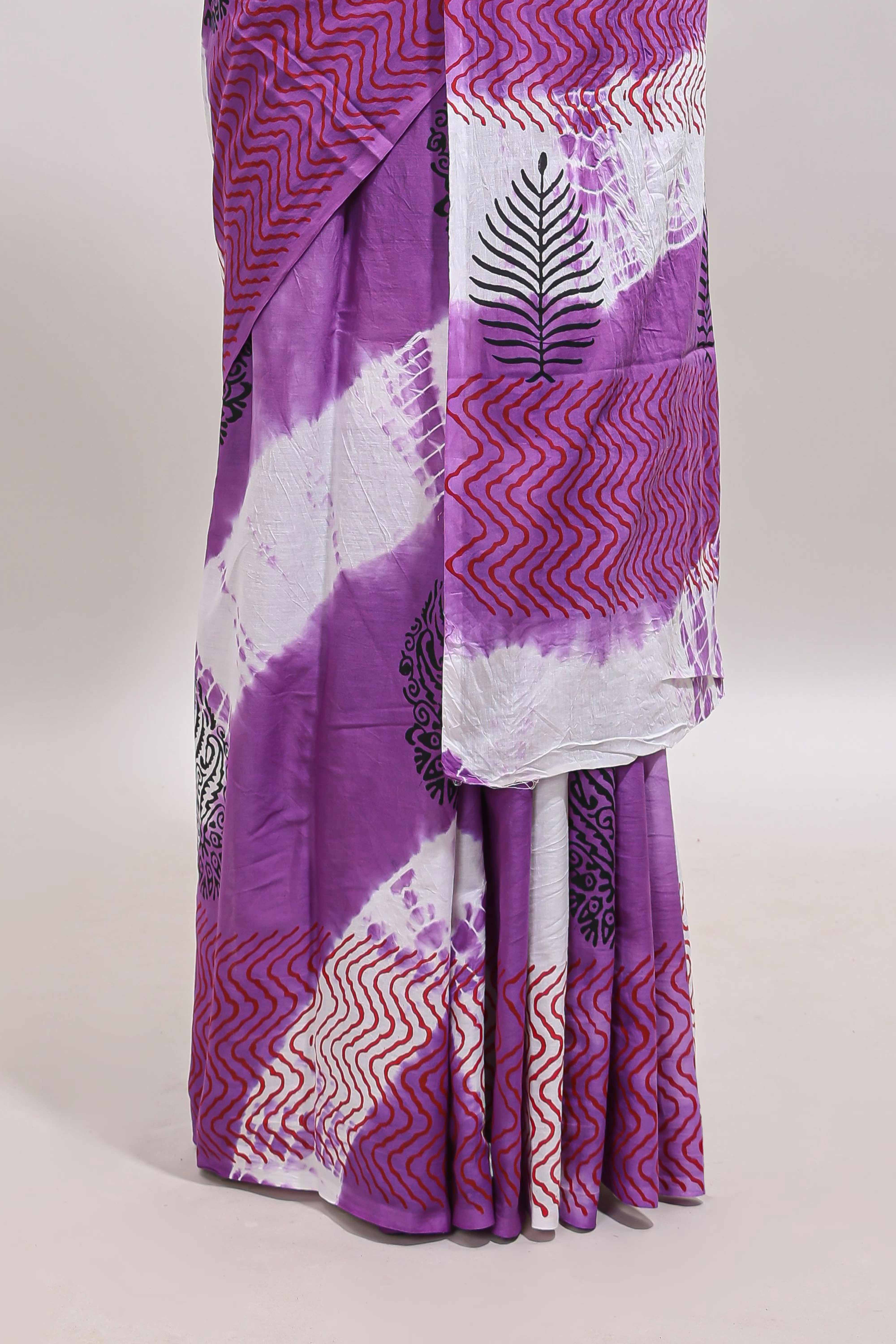 Lavender & cream floral shibori print motifs mul mul cotton saree with selfborder and matching blouse